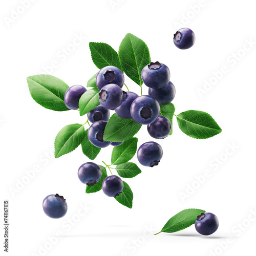 Ripe Blueberries falling in air with Blueberry leaves, Healthy organic berry natural ingredients concept, AI generated, PNG transparency with shadow