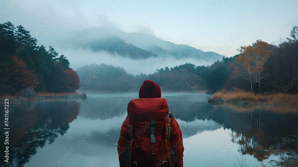 Woman with Backpack Standing by an Isolated Mountain Lake in Atmospheric Red and Orange Landscape