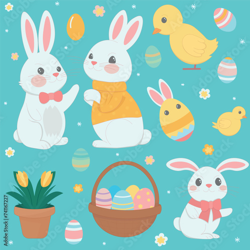 Happy Easter design elements set. Adorable bunnies in various poses  cheerful yellow ducklings  decorated eggs  and a basket filled with Easter treats  all set against a soft blue background sprinkled