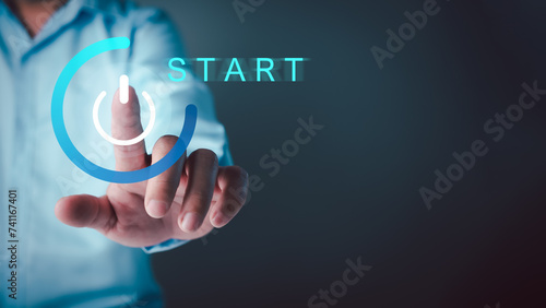 Startup business concept, Businessman hand pressing the start button, The Startup concept plan development business project digital technology idea of leadership, strategy Startup growth.