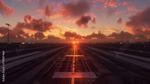 A empty runway at the airport with beautiful sunset.