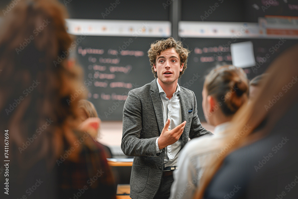 Professor Teaching University Students. A professor engaging with students during a lesson presentation in a modern lecture hall.