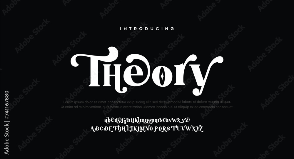Theory Creative modern alphabet. Dropped stunning font, type for futuristic logo, headline, creative lettering and maxi typography. Minimal style letters with yellow spot. Vector typographic desi - obrazy, fototapety, plakaty 