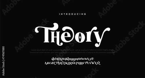 Theory Creative modern alphabet. Dropped stunning font, type for futuristic logo, headline, creative lettering and maxi typography. Minimal style letters with yellow spot. Vector typographic desi