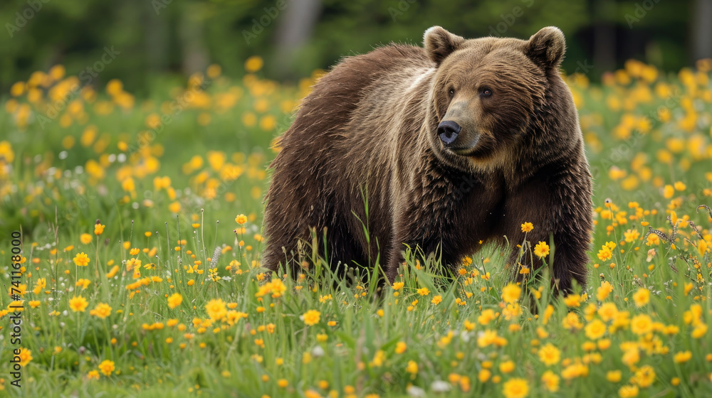 A solitary brown bear is captured in a vibrant green meadow dotted with yellow wildflowers
A solitary brown bear is captured in a vibrant green meadow dotted with yellow wildflowers