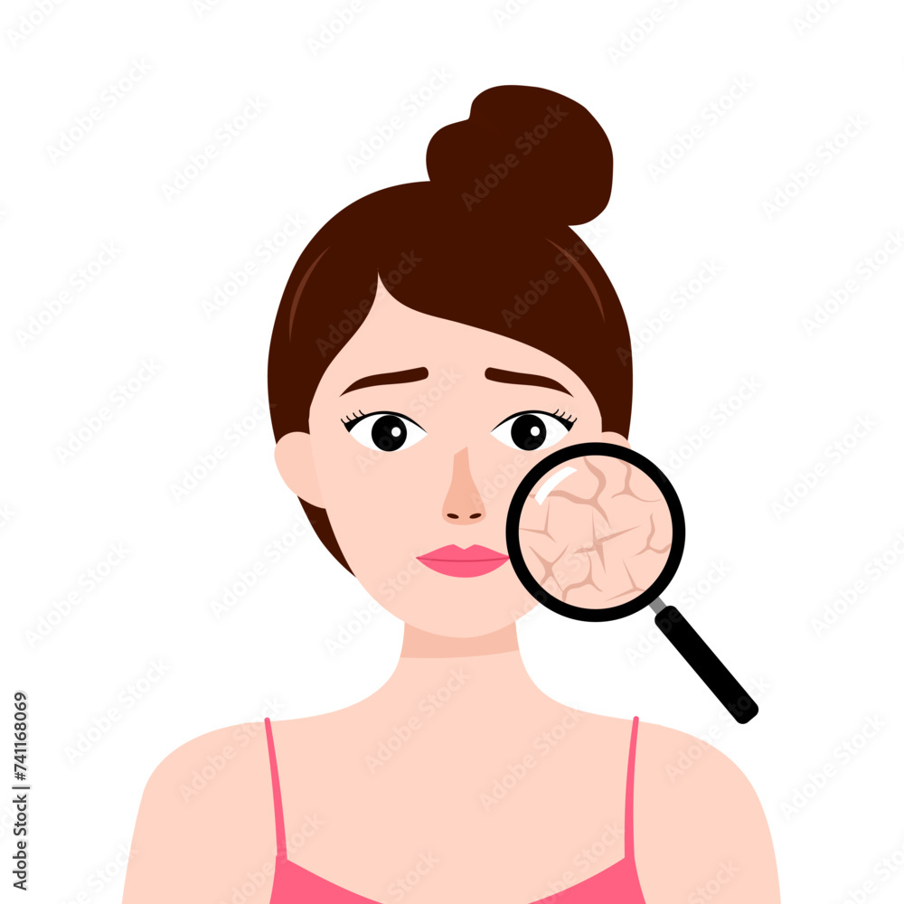 Zoom in facial with magnifier for looking dry skin problem of woman. Zoom in facial with magnifier for looking dry skin problem of woman.