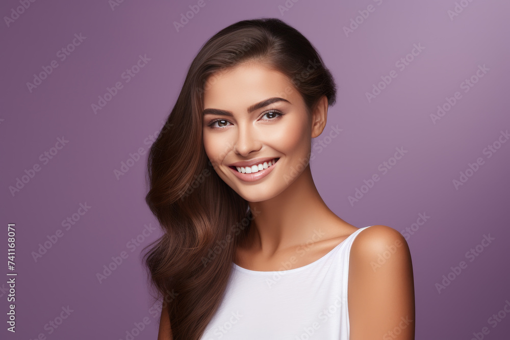 Portrait of a smiling young woman with flawless skin against a purple background, exuding confidence and beauty. Portrait of a smiling young woman with flawless skin against a purple background, exuding confidence and beauty.