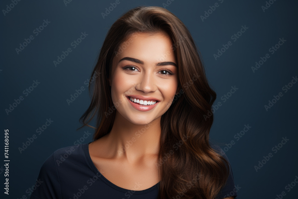 Portrait of a smiling young woman with long hair on a dark blue background. Portrait of a smiling young woman with long hair on a dark blue background.