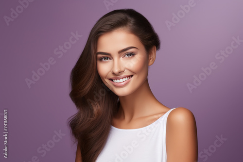 Portrait of a smiling young woman with flawless skin against a purple background  exuding confidence and beauty.