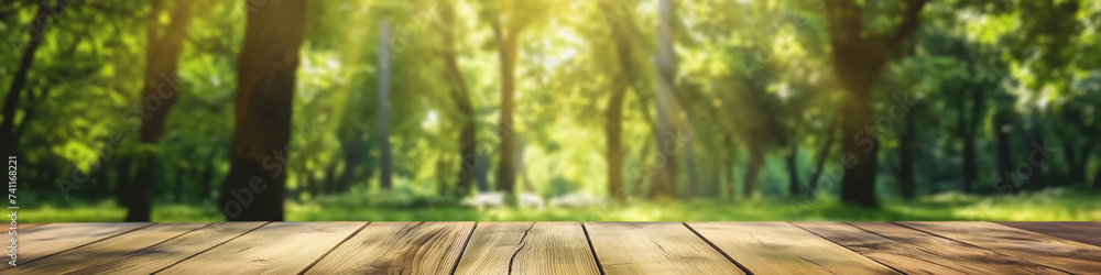 Wooden Table with Blurred Forest Background Wooden Table with Blurred Forest Background