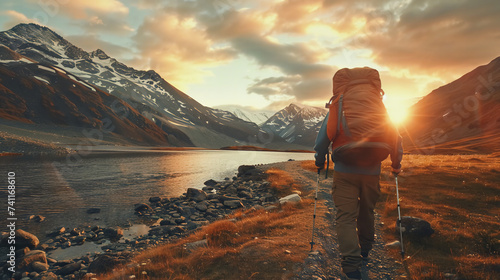A sunset on the mountains with hiker walking. Adventure outdoor activity concept. © Alice a.