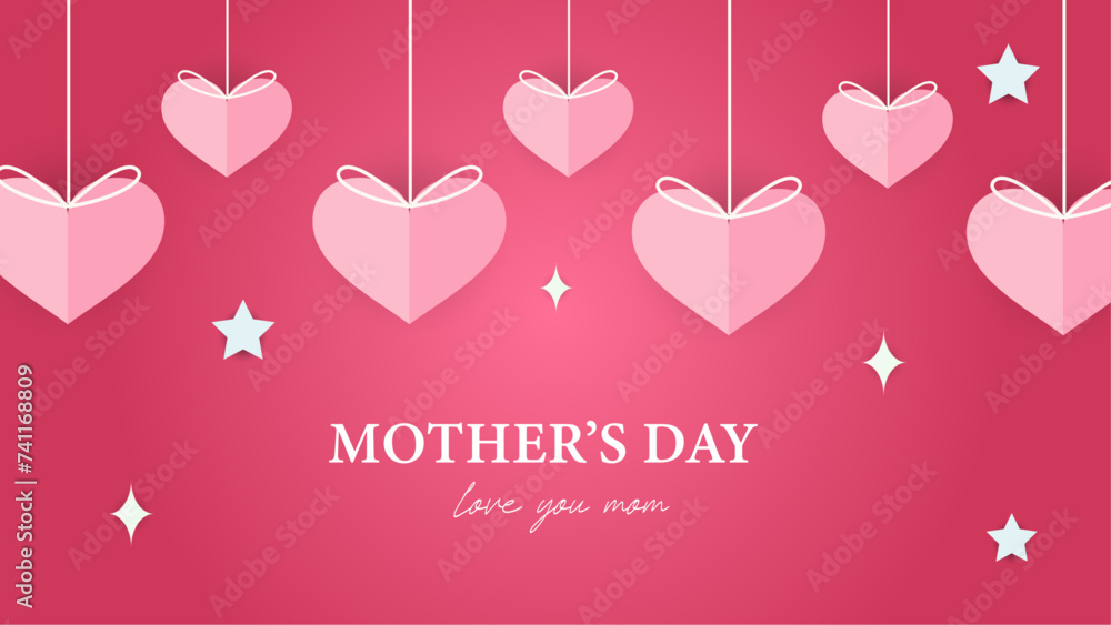 Red and white happy mothers day background with flowers and hearts. Vector illustration