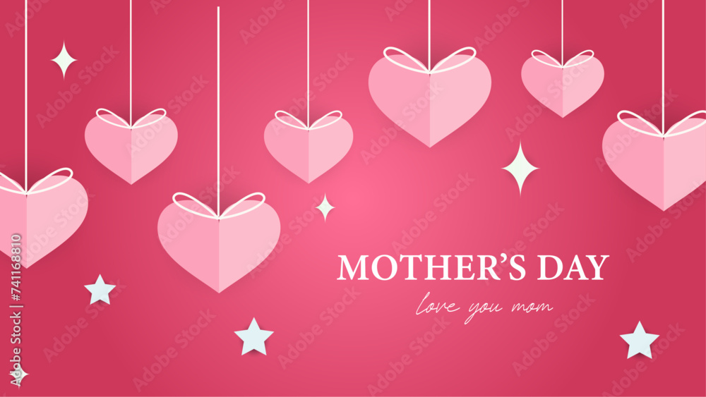 Pink red and white happy mother's day background decorated with love and heart