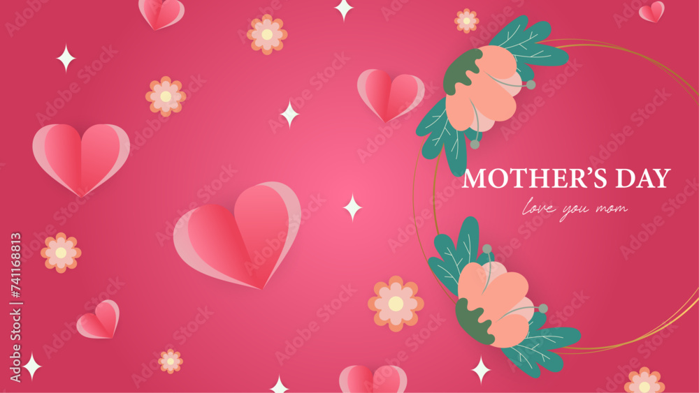 Pink red and white vector illustration mothers day background with heart shaped balloons