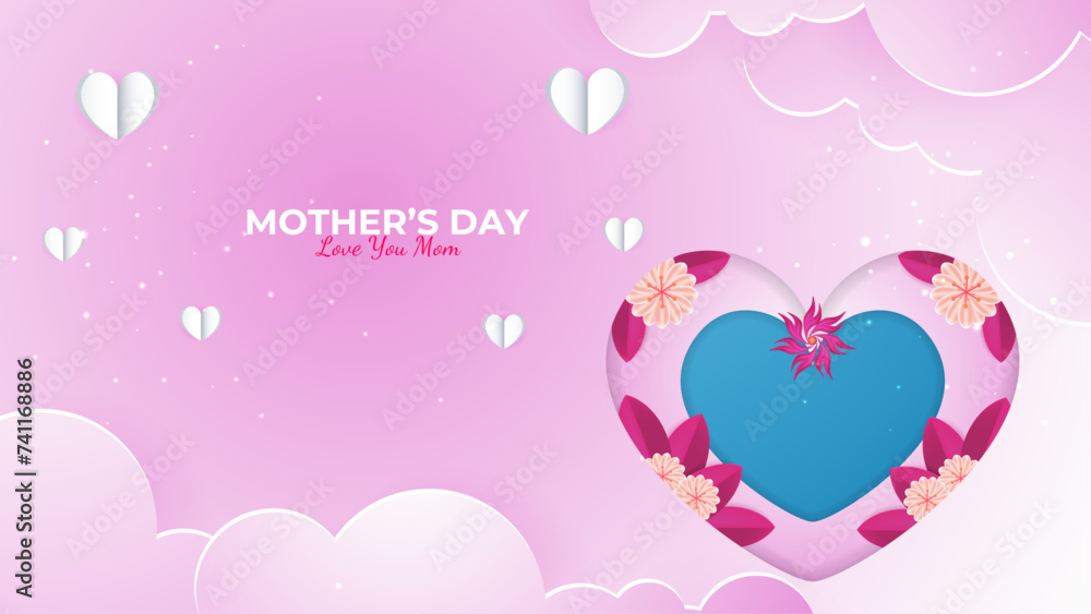 Pink blue and purple violet happy mothers day background with flowers and hearts. Vector illustration