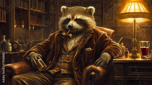 Suave sloth in a velvet smoking jacket, wearing a monocle, against a Victorian library backdrop, lit with antique lamps, exuding refined leisure and elegance