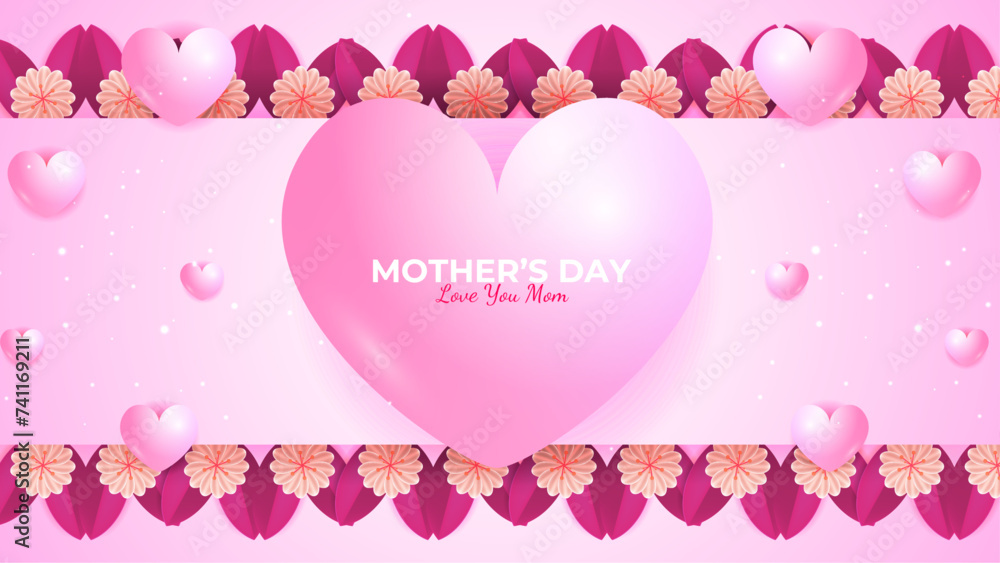 Pink peach and purple violet happy mothers day background with flowers and hearts. Vector illustration