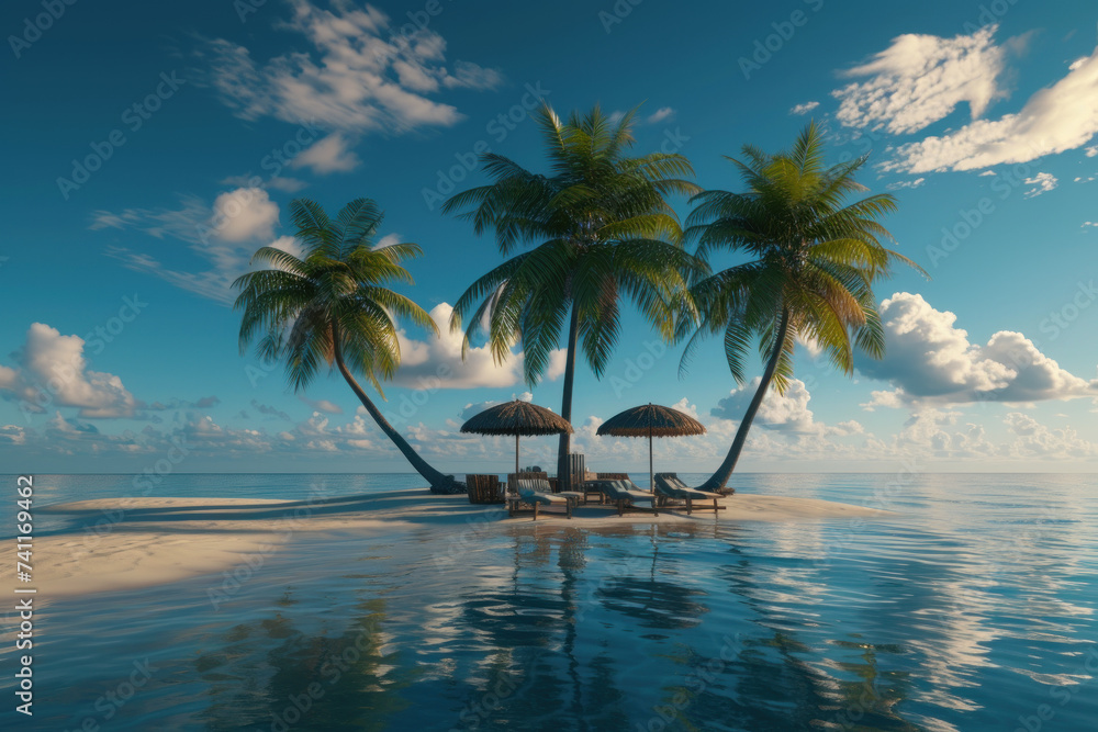 Tropical small island with palm trees on blue sky clouds