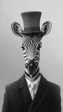 Stylish zebra in a monochrome ensemble, sporting a top hat with zebra stripes, against a minimalist backdrop, lit with soft spotlights, exuding contemporary flair