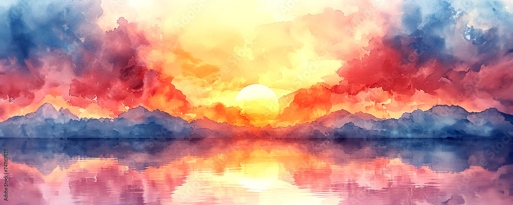 Sunset with a mix of warm and cool colors, showcasing the sun setting above a cloudy horizon, in watercolor style