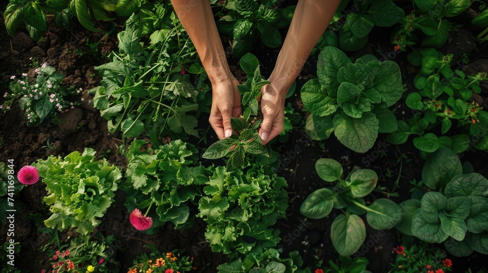 Fototapeta premium human hands plant sprouts in the vegetable garden and beds in the greenhouse. Agriculture and planting concept.