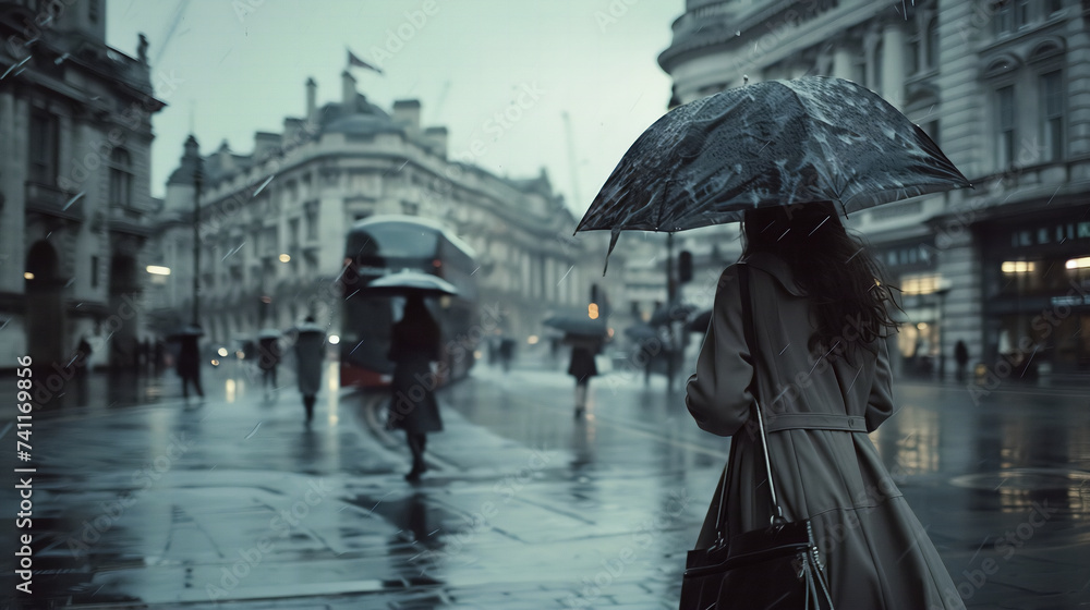 Obraz premium A woman hold a umbrella rain season in London city. Dark tone photography.