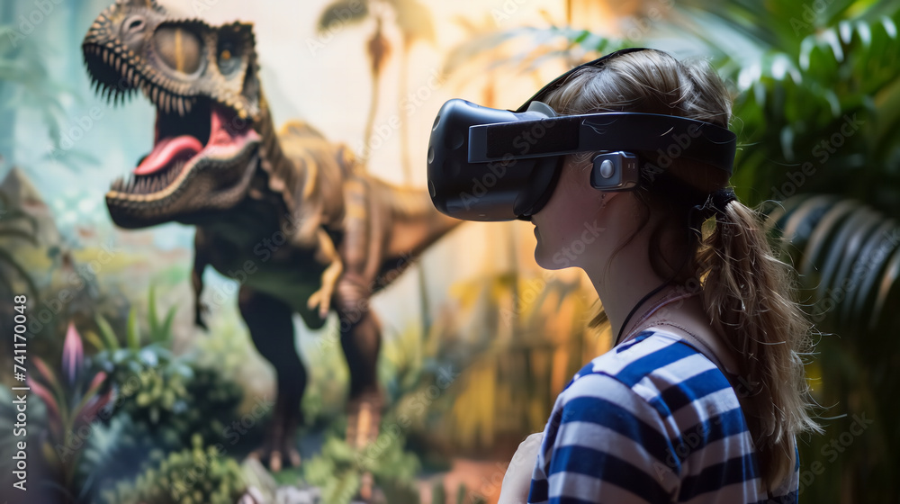 A young female wear a VR goggle glasses in a dinosaur museum. A young female wear a VR goggle glasses in a dinosaur museum.