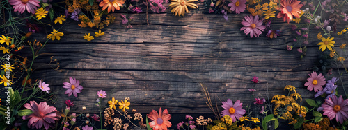 Wooden Frame background with colorful floral flower. Copyspace for text or edit. photo
