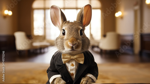 Imagine a dapper rabbit in a velvet smoking jacket, complete with a silk ascot and a top hat. Amidst a backdrop of Victorian architecture, it exudes old-world charm and refined taste. Mood: classic an photo