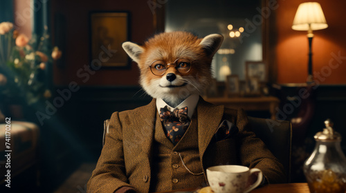 Obraz na płótnie Picture a dapper fox in a tailored tweed suit, complete with a bowler hat and a monocle