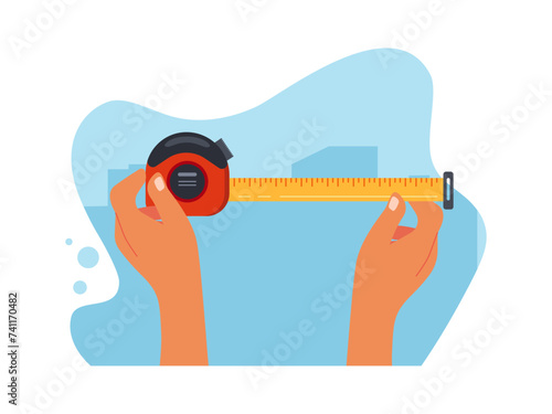 Hand holding measuring tape. Builder vector illustration.