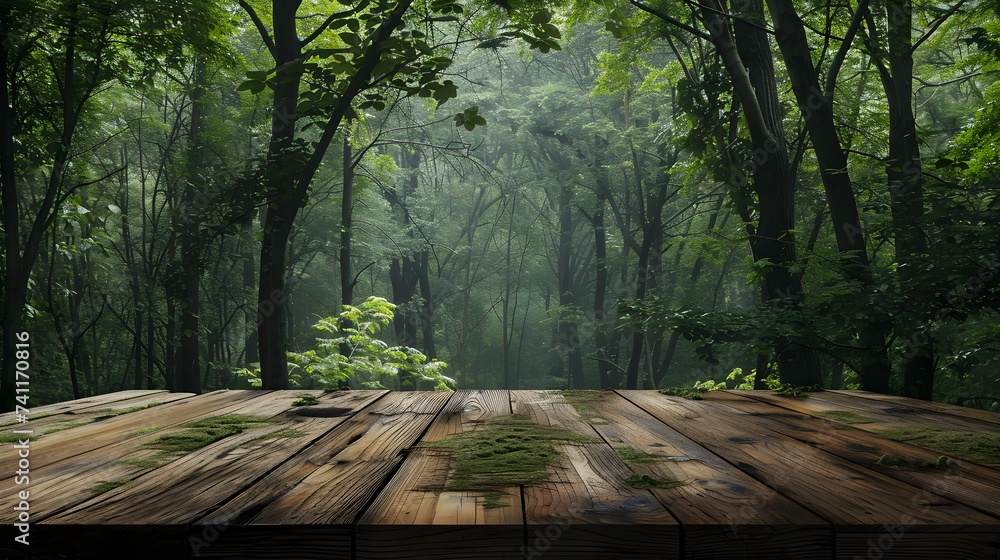 A winding forest path disappears into a lush canopy of trees. Wooden floor. Copyspace for text or edit. - obrazy, fototapety, plakaty 