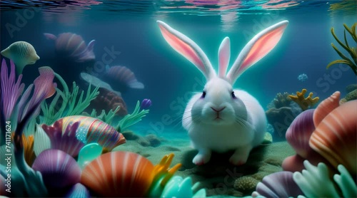 Wallpaper Mural Underwater cartoon scene with fish and Easter bunny with colorful eggs. Delightful holiday scene with cute rabbit and aquatic animals, undersea coral, suitable for holiday decoration or as a gift. Torontodigital.ca