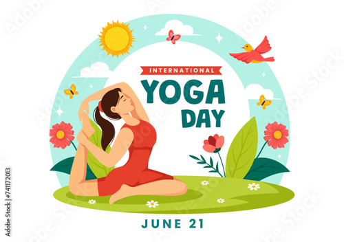 International Yoga Day Vector Illustration on June 21 with Woman Doing Body Posture Practice or Meditation in Healthcare Flat Cartoon Background