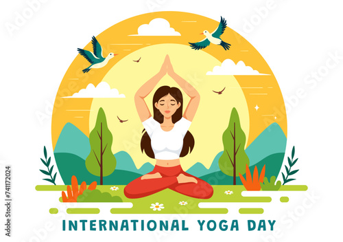 International Yoga Day Vector Illustration on June 21 with Woman Doing Body Posture Practice or Meditation in Healthcare Flat Cartoon Background