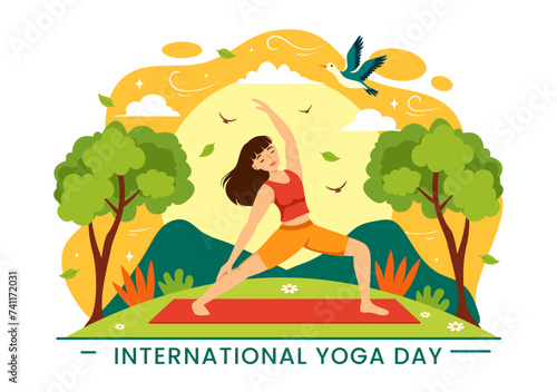 International Yoga Day Vector Illustration on June 21 with Woman Doing Body Posture Practice or Meditation in Healthcare Flat Cartoon Background