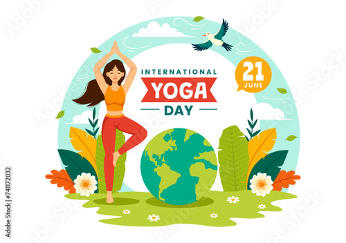 International Yoga Day Vector Illustration on June 21 with Woman Doing Body Posture Practice or Meditation in Healthcare Flat Cartoon Background
