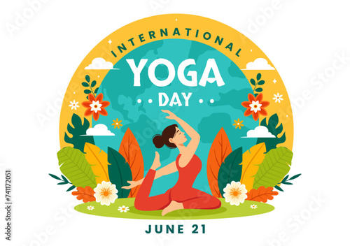 International Yoga Day Vector Illustration on June 21 with Woman Doing Body Posture Practice or Meditation in Healthcare Flat Cartoon Background