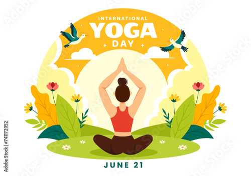 International Yoga Day Vector Illustration on June 21 with Woman Doing Body Posture Practice or Meditation in Healthcare Flat Cartoon Background