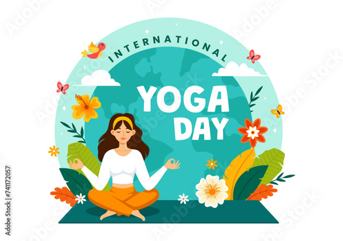 International Yoga Day Vector Illustration on June 21 with Woman Doing Body Posture Practice or Meditation in Healthcare Flat Cartoon Background
