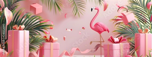A illustration Banner 3D rendering flamingo, pink gift box, tropical plant on pink background.