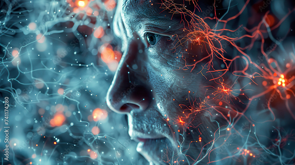 A man portrait superimposed neural networks. 