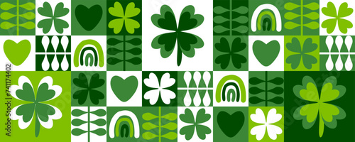 Saint Patricks Day horizontal banner with four leaf clover plants, rainbows and hearts. Geometric print for card, cup, mug, banner. Hand drawn vector illustration.