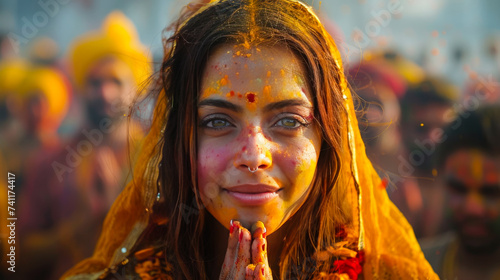 Cultural Experience: A Foreign Woman in Indian Traditional Dress Enjoying the Holi Festival