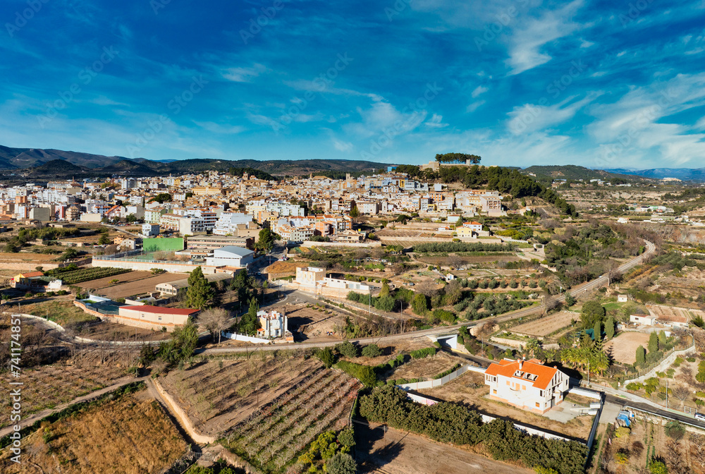 Aerial view of Segorbe castle, and city walls, medieval stronghold in Castellon province Spain