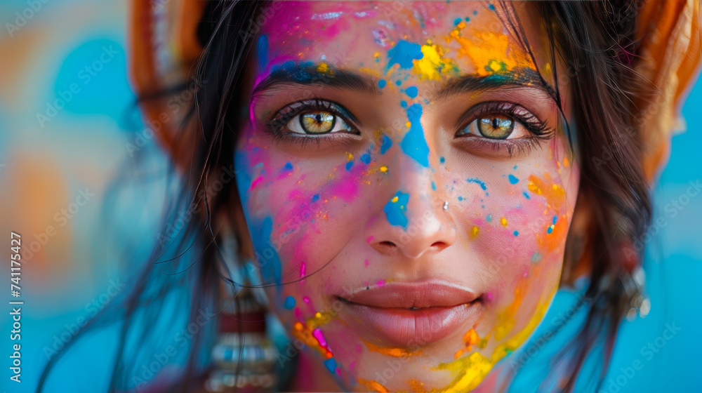 Beautiful Woman with Colorful Face Celebrating Holi in India