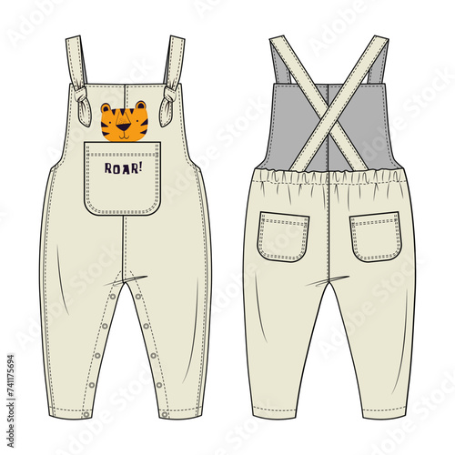 Toddler Kids, Infant Baby, Sleep Full Bodysuit, Fashion Flat Sketch, Vector Illustration, CAD, Technical Drawing, Flat Drawing, Template, Mockup.