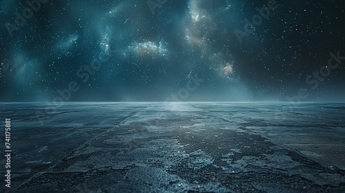 Empty asphalt floor with night sky with lots of stars and full empty space for product or text, Generative AI. photo