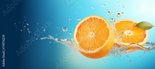 Piece of falling juicy orange fruit with splashes of water or juice and drops on blue background.