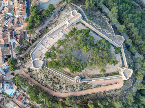 Aerial top down ground plan view of Segorbe castle with angled gun platform bastions in Spain